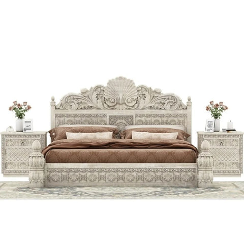 Indian Hand Carved Solid Wood Bed | Heritage Handcrafted Bedroom Furniture – Oakvello