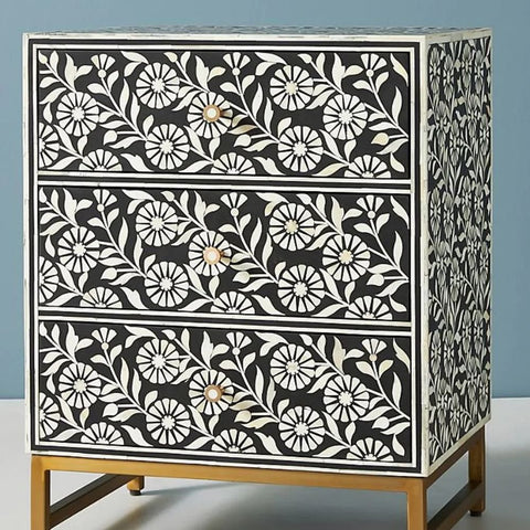 Jaipuri Black Bone Inlay Nightstand | Handcrafted Luxury Bedside Table – Oakvello