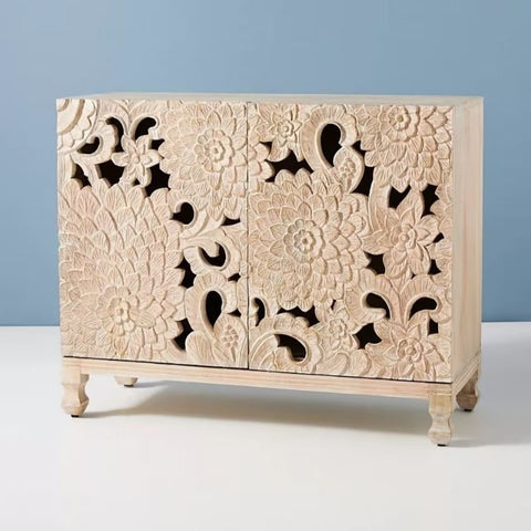 Hand Carved Solid Wood Entryway Cabinet | Artisan Hallway Storage – Oakvello