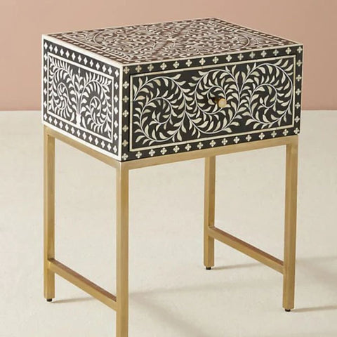 Jaipuri Black Bone Inlay Bedside Table | Handcrafted Luxury Nightstand – Oakvello