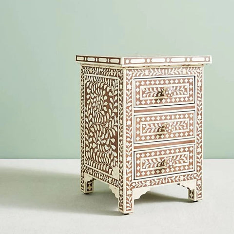 Jaipuri Floral Bone Inlay 3-Drawer Bedside Table | Handcrafted Nightstand – Oakvello