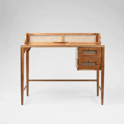 Jodhpuri Teak Wood & Cane Study Table | Handcrafted Home Office Desk – Oakvello
