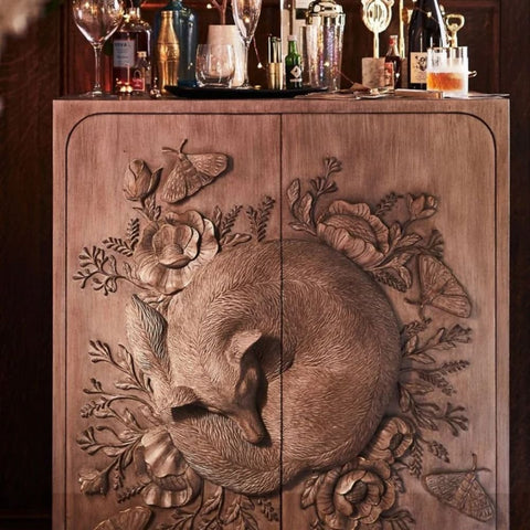 Hand Carved Land & Sky Bar Cabinet | Fox Design Solid Wood – Oakvello