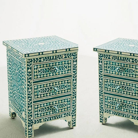 Ajmeri Teal Green Floral Bone Inlay 3-Drawer Bedside Table – Oakvello