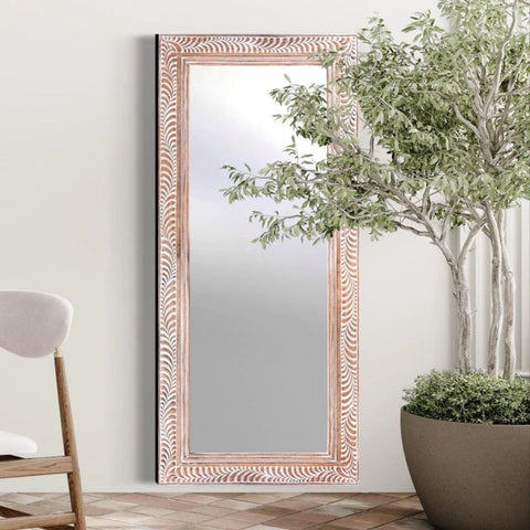 Hand Carved Natural Wash Solid Wood Mirror | Artisan Wall Decor – Oakvello