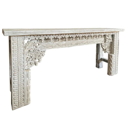 White Wash Carved Solid Wood Console Table | Artisan Entryway Furniture – Oakvello