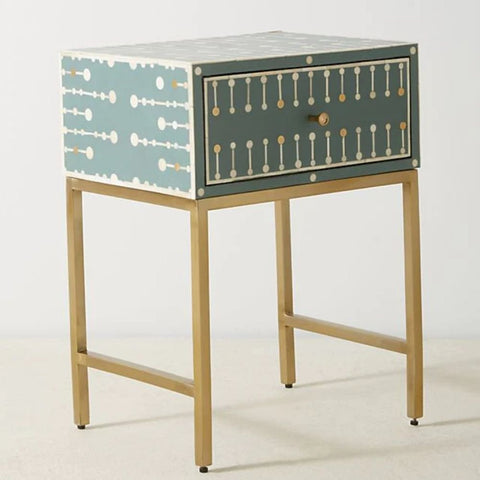 Ajmeri Dark Green Bone Inlay Bedside Table | Artisan Nightstand – Oakvello
