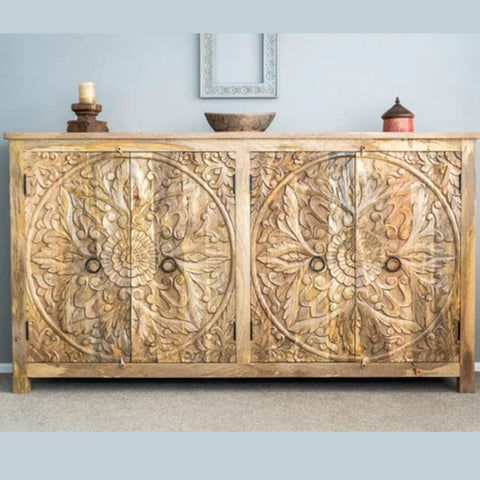 Hand Carved Artisanal Solid Wood Sideboard | Handcrafted Living Room Storage – Oakvello