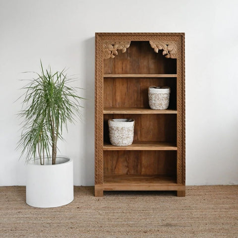 Hand Carved Solid Wood Storage Bookshelf with 3 Shelves | Living Room Display – Oakvello