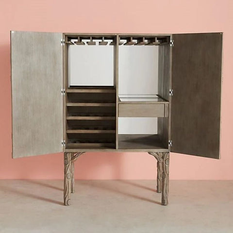 Hand Carved Land & Sky Bar Cabinet | Artisan Solid Wood Home Bar – Oakvello