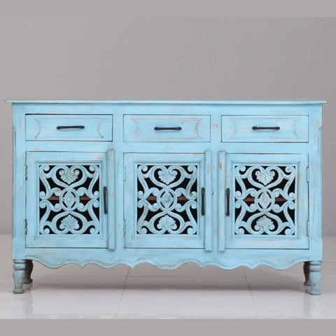 Vintage Carved Solid Mango Wood Cabinet & Sideboard with 3 Drawers – Oakvello