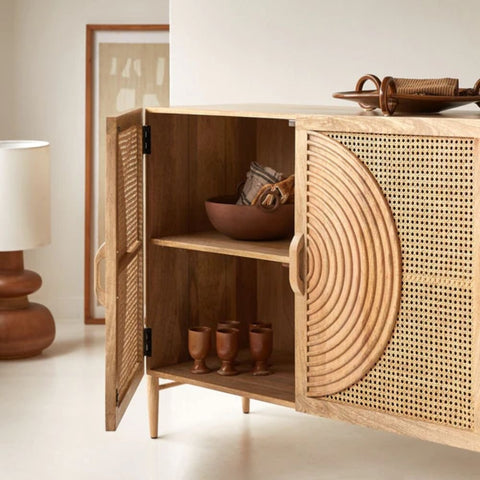 Solid Wood & Rattan Sideboard | Boho Living Room Storage Cabinet – Oakvello