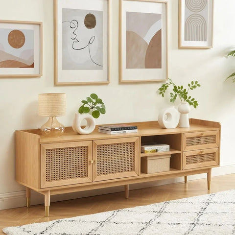 Solid Wood & Cane TV Cabinet | 2 Doors & 2 Drawers Media Console – Oakvello