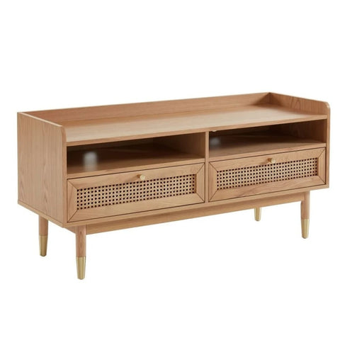 Solid Wood & Cane 2-Drawer TV Cabinet | Boho Media Console – Oakvello