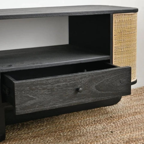 Solid Wood TV Unit with Cane Work | Boho Media Console & Living Room Storage – Oakvello