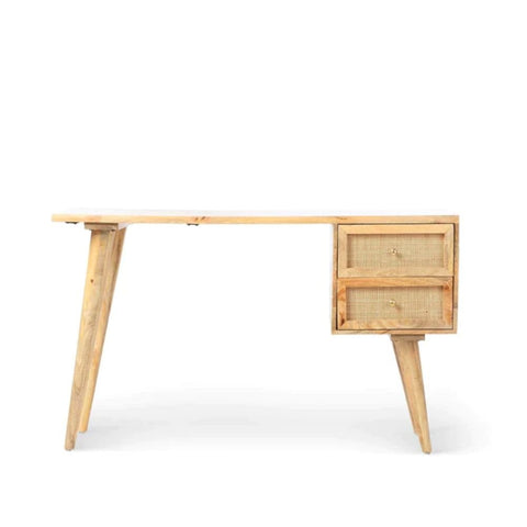 Rattan & Solid Wood Study Table | Boho Home Office Writing Desk – Oakvello