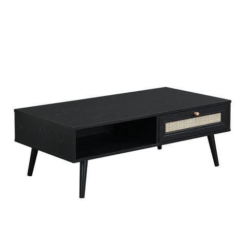 Jodhpuri Black Solid Wood & Rattan Coffee Table | Boho Living Room Furniture – Oakvello