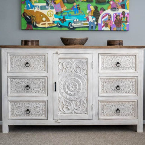 Whimsy White Solid Wood Sideboard | Bright Living Room Storage Cabinet – Oakvello
