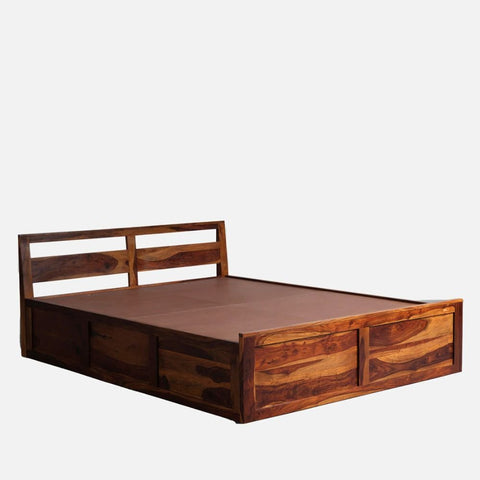 Teak Finish Solid Sheesham Wood Bed with Box Storage | Bedroom Furniture – Oakvello