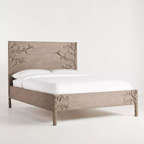 Carved Floral Solid Wood Bed | Handcrafted Bedroom Furniture – Oakvello
