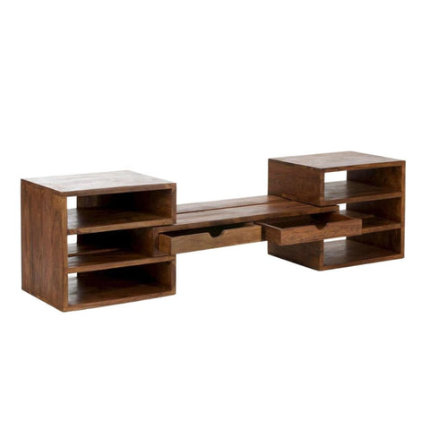 Solid Sheesham Wood TV Unit | 2 Drawers, 6 Adjustable Open Shelves & Sliding Storage – Oakvello