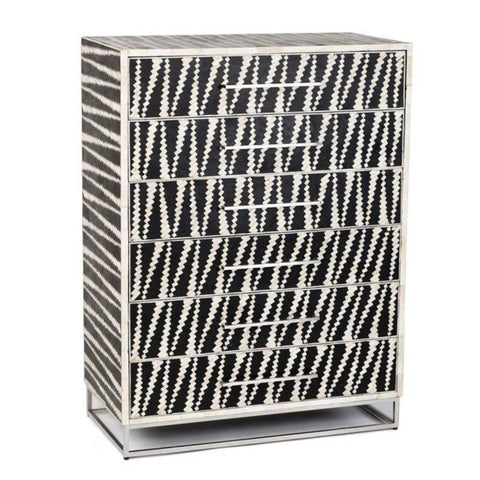 Jaipuri Black & White Bone Inlay 6-Drawer Chest | Artisan Bedroom Dresser – Oakvello