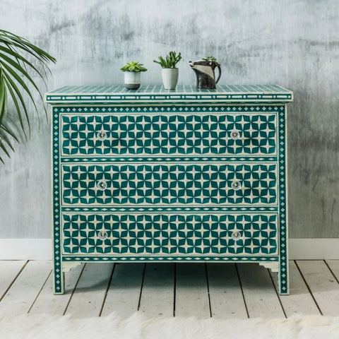 Green Star Design Bone Inlay 3-Drawer Chest | Handcrafted Artisan Bedroom Storage – Oakvello