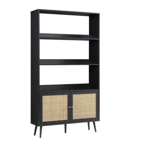Ajmeri Black Rattan Solid Wood Bookshelf | Boho Living Room Storage – Oakvello