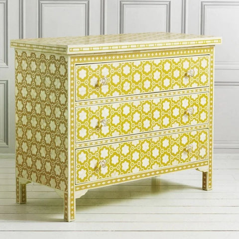 Yellow Floral Bone Inlay 3-Drawer Chest | Handcrafted Artisan Bedroom Storage – Oakvello