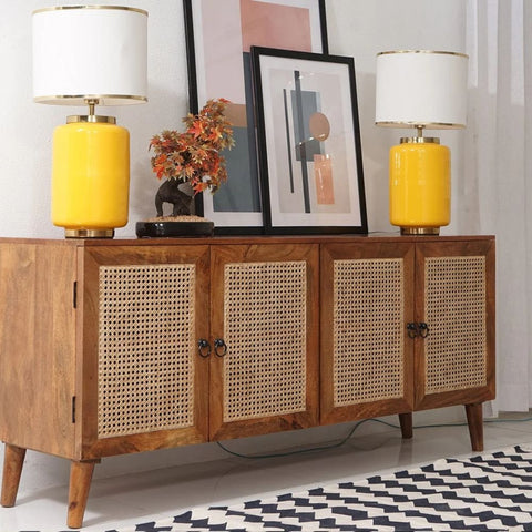 Solid Mango Wood & Cane Door Cabinet Sideboard | Boho Living Room Storage – Oakvello