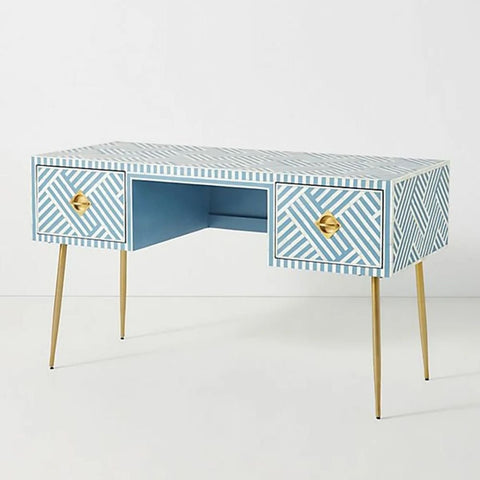 Ajmeri Sky Blue Bone Inlay Console Desk with 2 Drawers – Oakvello