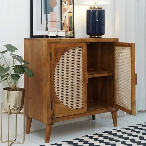 2-Door Mango Wood & Cane Cabinet | Boho Storage Sideboard – Oakvello