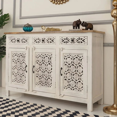 3-Door White Finish Solid Mango Wood Cabinet | Living Room Storage – Oakvello
