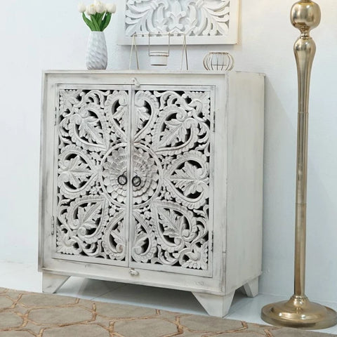 2-Door Sideboard Cabinet | White Finish Solid Wood Storage – Oakvello