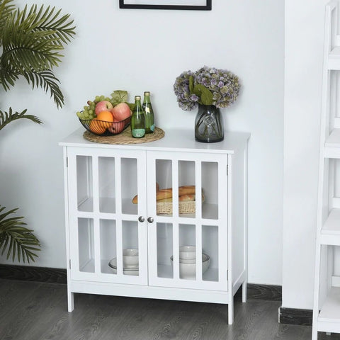 White Sideboard with Glass Doors | Solid Wood Living Room Storage – Oakvello