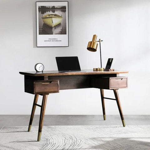 Mid-Century Solid Walnut Wood Writing Desk with 2 Drawers | Home Office Furniture – Oakvello