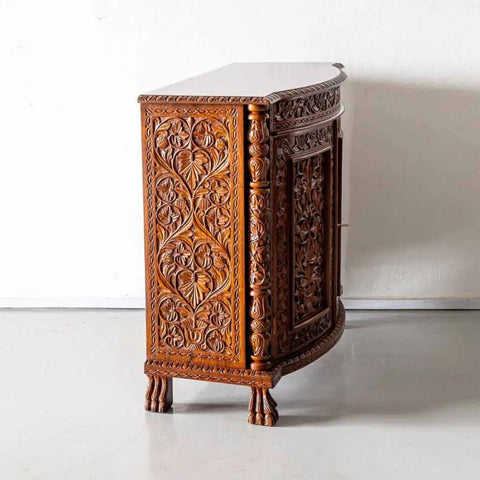 Floral Carved Solid Teak Wood Sideboard | Traditional Luxurious Living Room Storage – Oakvello