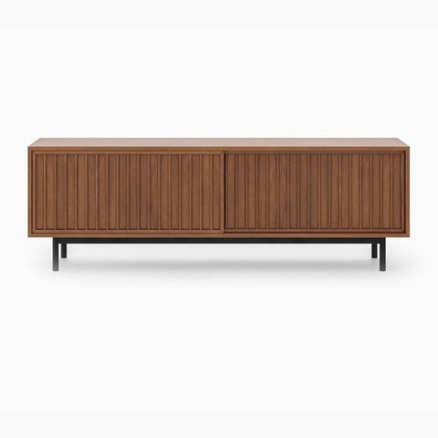 Slatted Solid Wood Media Console Table | TV Stand & Living Room Storage – Oakvello