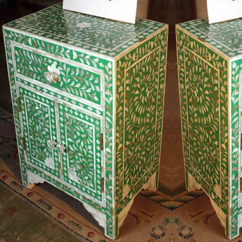 Green Floral Mother of Pearl Bedside Table | 1 Drawer & 2 Door Bedroom Nightstand – Oakvello