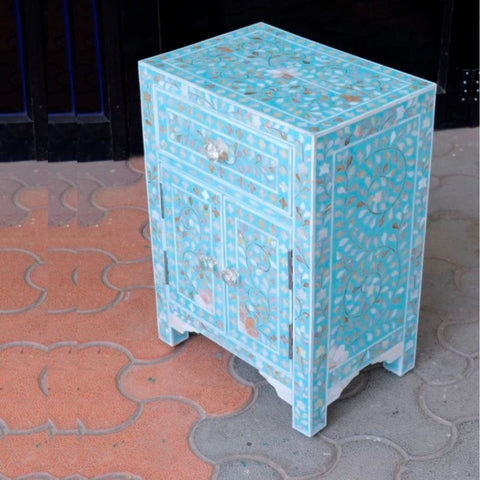Blue Floral Mother of Pearl Bedside Table | 1 Drawer & 2 Door Bedroom Nightstand – Oakvello