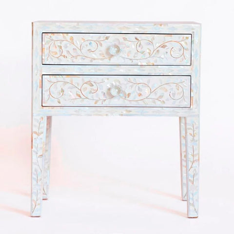 White Mother of Pearl 2-Drawer Long Leg Bedside Table | Handcrafted Artisan Nightstand – Oakvello
