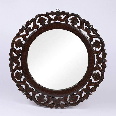 Brown Handcrafted Round Vanity Wall Mirror | 16x16 Inch Framed Wood – Oakvello
