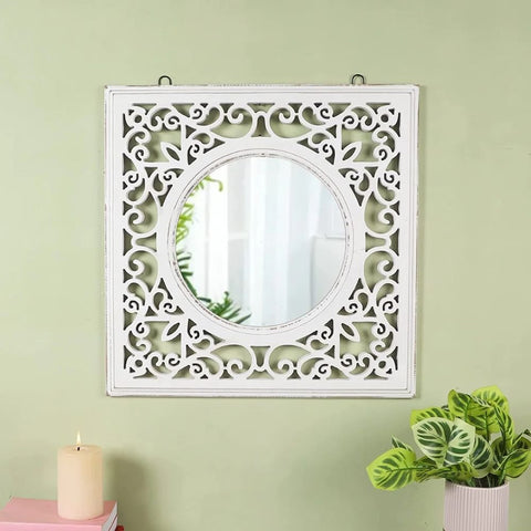 White Solid Wood Wall Mirror | Bathroom & Living Room Decor – Oakvello