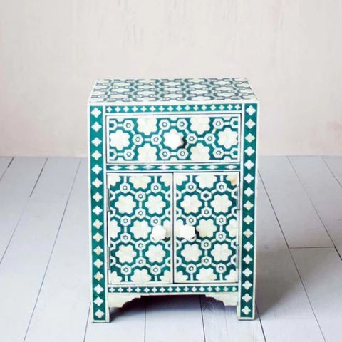 Jodhpuri Green Bone Inlay Side Drawer | Handcrafted Accent Storage – Oakvello