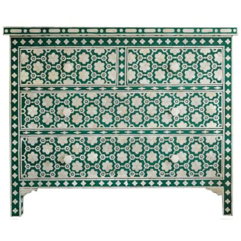 Jodhpuri Green Bone Inlay Chest of Drawers | Artisan Bedroom Dresser – Oakvello