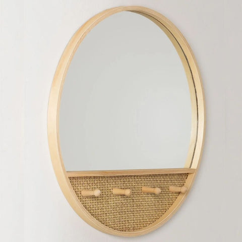Tinka Round Solid Wood Wall Mirror with Hooks | Entryway & Bedroom Decor – Oakvello