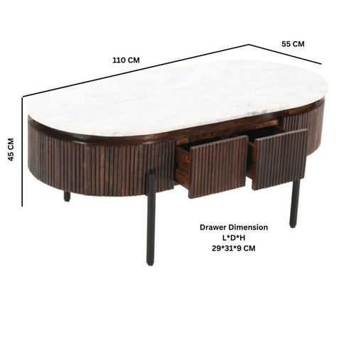 Jaipuri Fluted Mango Wood Coffee Table | Marble Top & Metal Legs – Oakvello
