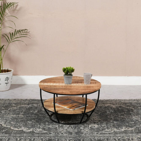 Solid Mango Wood & Metal Coffee Table with Shelf | Living Room Furniture – Oakvello
