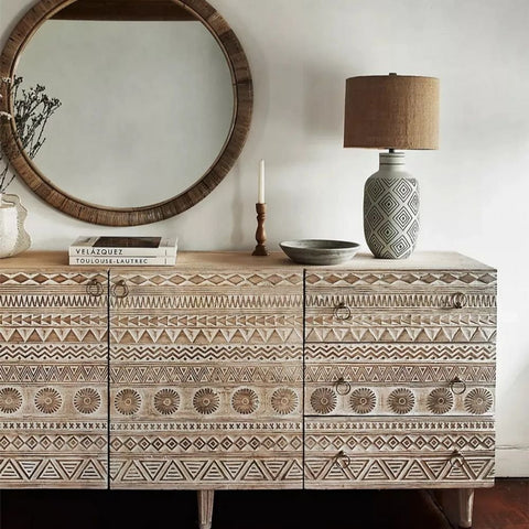 Carved Solid Mango Wood Sideboard | Handcrafted Living Room Storage – Oakvello