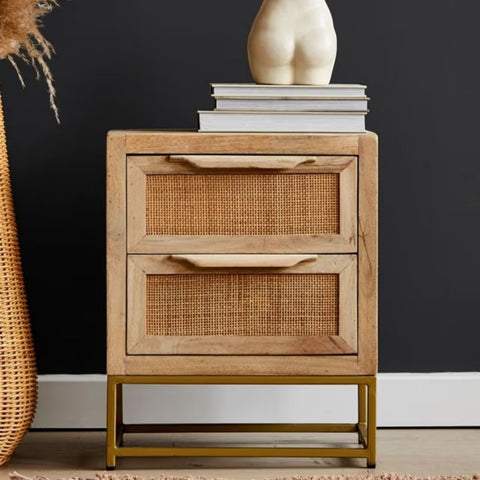 Rattan Webbed Solid Wood Side Table | Boho Living Room Accent Furniture – Oakvello